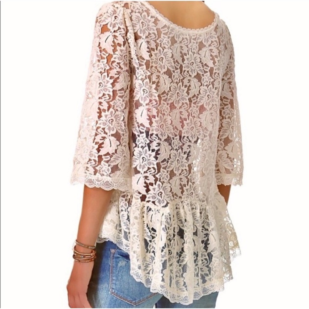 Free People Cream Lace Ruffled Hem Blouse